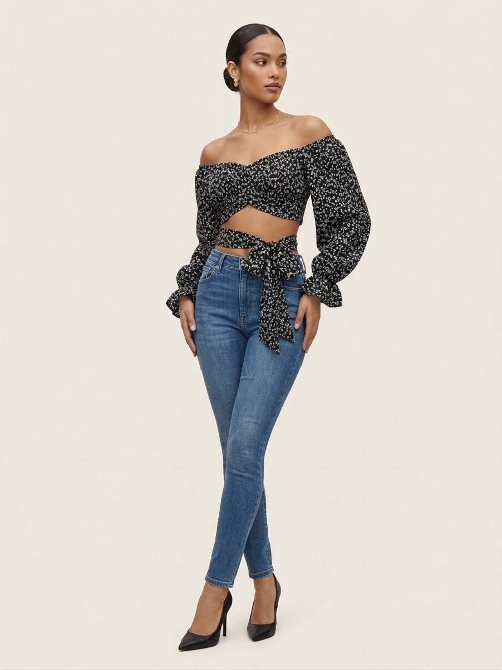Better Be Black Floral Tie-Back Crop Top